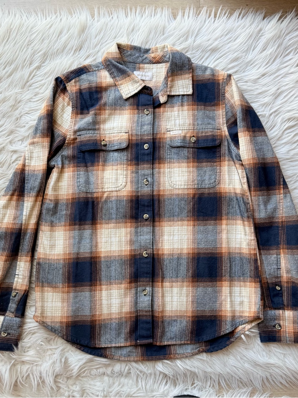 Brixton Women’s Plaid Flannel Button Up Shirt Navy Cream Rust Long Sleeve